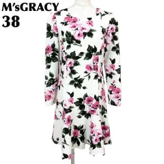 【美品】M's GRACY 長袖ワンピース 38 ひざ丈 白×ピンク 花柄