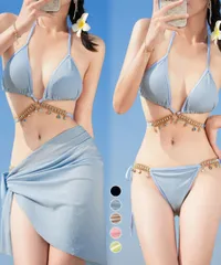 ビキニ 水着 レディース 3点セット セクシー クロスビキニ パレオ付き ホルターネック 三角ビキニ 盛れる水着 小胸 韓国風 リゾート 海 プール CH80MIAOMIAO-008