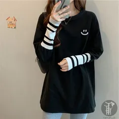 トレーナー ロングTシャツ スウェット 長袖 レディース ルームウェア 部屋着 大きいサイズ ビッグシルエット 体型カバー リブ裾 笑い顔