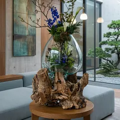 流木ガラス フラワーボウルオブジェ 特大 H58cm アジアン 雑貨 コケテラリウム アクアリウム メダカ鉢 金魚 ポプリ テラリウム バリ雑貨 おしゃれ モダン ガラス フラワーベース トレイ 花器 花瓶 古木 置物 オブジェ 店舗様お勧め 分離型 226A