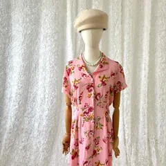 MISS DORBY 花柄ワンピース ロング丈 シャツワンピ 半袖 フロントボタン ピンク フレア レディース レトロ ヴィンテージ風 春夏