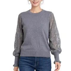 [Blisvia] ブラウス 長袖 トップス 薄手ニット 花柄 レース バルーン 袖 模様 グレー インしなくていい オフィス ママ 服 卒 入園式 ナチュラル ゴージャスブラウス ミセス グレイ レディース [グレー] [Free Size]