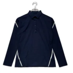 中古 レディース アディダスゴルフ adidas GOLF 長袖ポロシャツ M ネイビー ラインデザイン ストレッチ