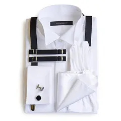 【新品】 ウイングカラーシャツ 立ち襟 フォーマル小物 6点セット ダブルカフス 新郎 父 モーニング タキシード 結婚式 披露宴 卒業式 始業式 チーフ（ホワイトプレーン） カフスボタン黒 サスペンダー黒 アームバンド黒 首41cm ゆき丈82cm 0