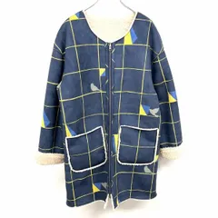 【中古】[印象A] graniph グラニフ ノーカラーコート レディース F ネイビー 紺×黄×グレー×ベージュ ポリ100% フェイクムートン リバーシブル チェック×鳥柄のサムネイル