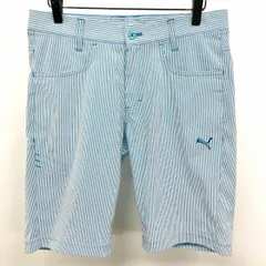古着 PUMA 薄手 ゴルフ ショーツ ショートパンツ ハーフパンツ ストライプ ロゴ刺繍 ポリ100% M ブルー×ホワイト 青系 メンズ(レディース？)