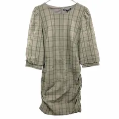 【新品】ザラ ZARA タイトワンピース サイドギャザー チェック 7分袖 裏地付き レーヨン×綿×ポリウレタン M グリーンカーキ レディース