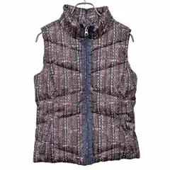 【中古】[印象A] LANDS END ランズエンド ダウンベスト レディース S レッド系 赤系×紺×ピンク ポリ100%(ダウン80%＋フェザー20%) ジップアップ 内ポケット無し ポケットの口がドットボタン留め ハイネック ニット柄のサムネイル