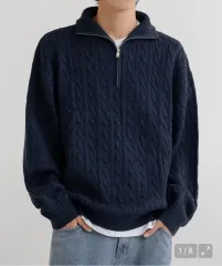 リーメインセカンド オーバーサイズ ボリューム ウォッシャブル ハーフジップアップ ケーブル ニット ネイビー