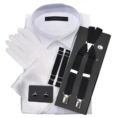 【新品】 ウイングカラーシャツ 立ち襟 フォーマル小物 6点セット シングルカフス 新郎 父 モーニング タキシード 結婚式 披露宴 卒業式 始業式 チーフ（ホワイトプレーン） カフスボタン黒 サスペンダー黒 アームバンド黒 首43cm ゆき丈82cm 1