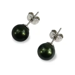 【新品】 [クレインズコレクション] 日本製 磨き貝パール ピアス 選べるカラー 金属アレルギー対応 天然 真珠 シリコンパッド ケース付 ロゴ入りミニ巾着 5年 ホワイト グレー ブラック チタン ステンレス 冠婚葬祭 (ブラックグリーン×シルバー,P8 1