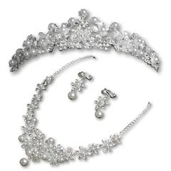 【新品】 パールティアラ ネックレス イヤリング ピアス 3点セット ブライダルアクセサリー 花冠 結婚式 撮影用 レディース 女の子 (ティアラ、ネックレス、イアリング)