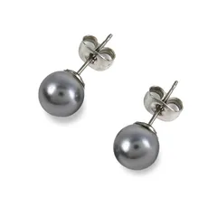 【新品】 [クレインズコレクション] 日本製 磨き貝パール ピアス 選べるカラー 金属アレルギー対応 天然 真珠 シリコンパッド ケース付 ロゴ入りミニ巾着 5年 ホワイト グレー ブラック チタン ステンレス 冠婚葬祭 (グレー×シルバー,P8mm) 1