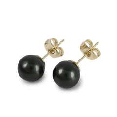 【新品】 [クレインズコレクション] 日本製 磨き貝パール ピアス 選べるカラー 金属アレルギー対応 天然 真珠 シリコンパッド ケース付 ロゴ入りミニ巾着 5年 ホワイト グレー ブラック チタン ステンレス 冠婚葬祭 (ブラックグリーン×ゴールド,P8 0