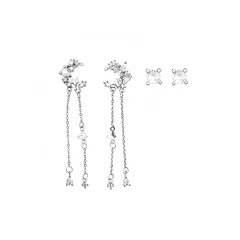 【新品】 LTPSAHEZK クリスタル蝶モチーフ ドロップピアスセット, ジルコニア&パール付き, チェーンタッセル, シルバー レディース 1