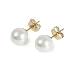 【新品】 [クレインズコレクション] 日本製 磨き貝パール ピアス 選べるカラー 金属アレルギー対応 天然 真珠 シリコンパッド ケース付 ロゴ入りミニ巾着 5年 ホワイト グレー ブラック チタン ステンレス 冠婚葬祭 (ホワイト×ゴールド,P8mm) 0