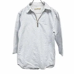 【中古】[印象AB] GLOBAL WORK グローバルワーク プルオーバーシャツ レディース S ブルー 青×白×茶 綿100% ティアドロップ 丸裾 ボーダー オープンカラー 7分袖 袖口スリットのサムネイル