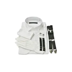 【新品】 ウイングカラーシャツ 立ち襟 フォーマル小物 6点セット シングルカフス 新郎 父 モーニング タキシード 結婚式 披露宴 卒業式 始業式 チーフ（ホワイトプレーン） カフスボタン白 サスペンダー黒 アームバンド黒 首39cm ゆき丈82cm 0