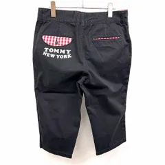 【中古】[印象B] TOMMY トミー クロップドパンツ メンズ M ダークネイビー(黒？)×レッド 濃紺 綿100% ロゴ刺繍 裾にチェック柄裏地 テーパード ジップフライのサムネイル