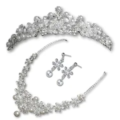 【新品】 パールティアラ ネックレス イヤリング ピアス 3点セット ブライダルアクセサリー 花冠 結婚式 撮影用 レディース 女の子 (ティアラ、ネックレス、ピアス) 0