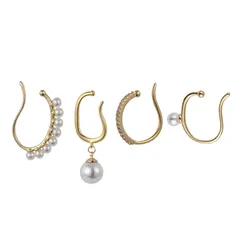 【新品】 [ALOHAMONI] イヤーカフ フェイクピアス パール ゴールド ラインストーン 4点セット 大粒パール 小粒 8連パール 片耳 両耳 重ね付け 耳掛け 韓国 オルチャン 1