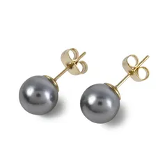 【新品】 [クレインズコレクション] 日本製 磨き貝パール ピアス 選べるカラー 金属アレルギー対応 天然 真珠 シリコンパッド ケース付 ロゴ入りミニ巾着 5年 ホワイト グレー ブラック チタン ステンレス 冠婚葬祭 (グレー×ゴールド,P10mm) 0