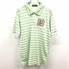 古着 スリクソン SRIXON 若干薄手 ゴルフ ポロシャツ ドット×ボーダー ロゴ 数字 刺繍 半袖 ポリ×キュプラ L グリーン×ピンク 緑 メンズ 男性