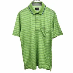 【中古】[印象AB] GREG NORMAN グレッグノーマン ポロシャツ レディース M グリーン 緑×青×茶 ポリ100% 胸ポケット付き Tシャツ生地 裾スリット ゴルフ 少し薄手 ボーダー サメの刺繍 半袖のサムネイル