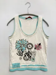 www タンクトップ L ホワイト 花柄・ボタニカル柄 前面プリント ビジュー 刺繍 カップなし