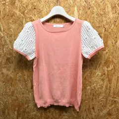 古着 Couture Brooch クチュールブローチ 40 レディース 薄手 ニット トップス ビーズ付きシースルーパフスリーブ 無地 - サーモンピンク×白