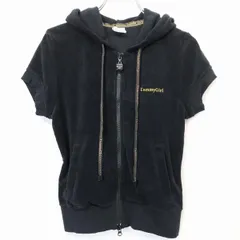 古着 TOMMY GIRL トミーガール S レディース ベロア ダブルジップ パーカー ブルゾン ジャケット カットソー ロゴ刺繍 半袖 綿×ポリ ブラック