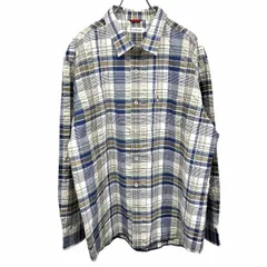 【中古】[印象A] HUSH PUPPIES ハッシュパピー クレープシャツ メンズ LL XL ブルー 青×緑×カーキ×白 綿×ポリ チェック 犬の刺繍 長袖 胸ポケットのサムネイル