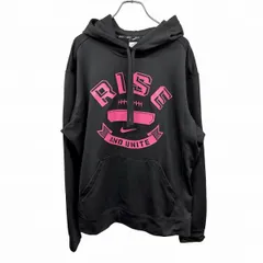 古着 ナイキ NIKE プルオーバーパーカー プリント 英字 フードにメッシュ裏地 長袖 裏起毛 古着 ポリ100% LL XL ブラック 黒×ピンク メンズ