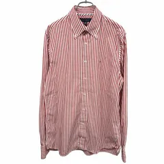 【中古】[印象AB] TOMMY HILFIGER トミーヒルフィガー ボタンダウンシャツ メンズ S レッド 赤×白 綿100% ストライプ 襟裏地がチェック柄 長袖 ポケット無し 胸にロゴ刺繍のサムネイル