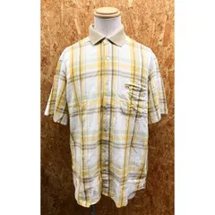 【中古】[印象BC] Golden Bear ゴールデンベア メンズ L 白×黄系×緑系×茶 シャツ チェック柄 リブカラー ロゴ刺繍 胸ポケット付き 半袖 カジュアルのサムネイル
