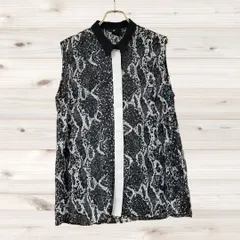 A1584 エイチアンドエム H&M ブラウス ノースリーブ(42) 黒 柄もの 総柄 レギュラーカラー