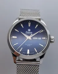 中古美品 保証書付き チュチマ TUTIMA フリーガー スカイブルー 6105-22 デイデイト ステンレス SS ブルー文字盤 自動巻き メンズ 腕時計のサムネイル