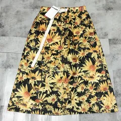 【未使用品】JIL SANDER ジルサンダー ベルテッド プリント ナイロン スカート サイズ32 ブラック イエロー ひまわり 向日葵 総柄 サンフラワー フレアスカート ロング 膝丈のサムネイル