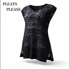 極美品 PLEATS PLEASE ISSEY MIYAKE プリーツプリーズ イッセイミヤケ メッシュ ジャガード 総柄 チュニック カットソー トップス ブラック 黒 3 日本製 透け感 レイヤード 希少デザイン Aラインのサムネイル