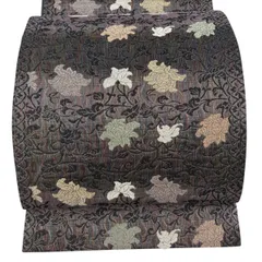 【美品】 袋帯 名品 花唐草 箔 刺繍 灰紫 六通 正絹 【中古】