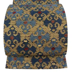 【美品】 袋帯 名品 幾何学 花 金糸 箔 藍色 六通 正絹 【中古】