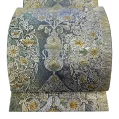 袋帯 逸品 草花 幾何学 金銀彩 青灰色 六通 正絹 【中古】