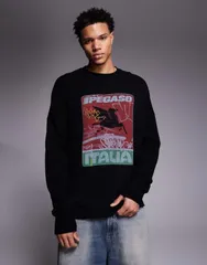 エイソス メンズ アウター ニット・セーター クルーネック プリント ASOS DESIGN oversized knit crew neck sweater with Ipegaso print Mのサムネイル