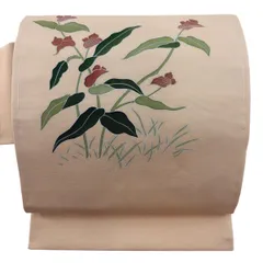 【美品】 名古屋帯 秀品 草花 葉柄 金彩 ベージュ 正絹 【中古】