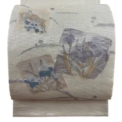 袋帯 秀品 色紙 草花 金糸 クリーム お太鼓柄 正絹 【中古】