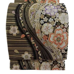 【美品】 袋帯 秀品 振袖向き 桜 花びら 箔 金色 六通 正絹 【中古】