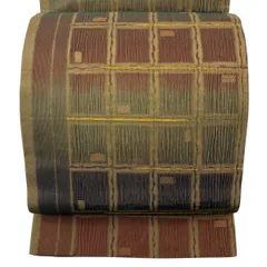 【美品】 袋帯 秀品 格子 幾何学模様 金糸 茶緑色 全通 正絹 【中古】