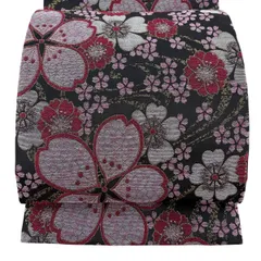 【美品】 袋帯 優品 振袖向き 桜 箔 黒 全通 化繊 【中古】