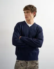 トップマン メンズ アウター ニット・セーター リラックスフィット Vネック Topman relaxed fit knit vneck sweater with texture NAVY ネイビー