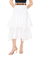 セセ レディース ボトムス デニムパンツ ティアード ミディ スカート CeCe Tieredenimidi Skirt with Brown Golden Buckle Belt Ultra White ホワイト